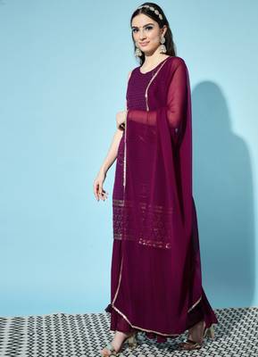 Wine Embroidered Georgette  Kurta pant and Sharara Set 4