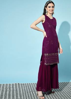 Wine Embroidered Georgette  Kurta pant and Sharara Set 5