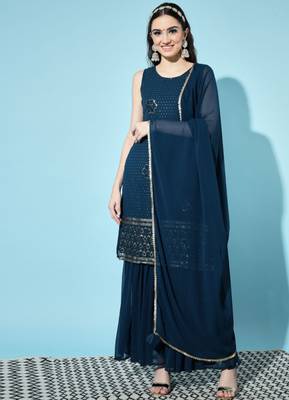 Peacock Blue Embroidered Georgette  Kurta pant and Sharara Set 1