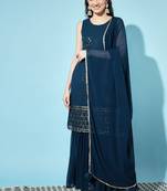 Peacock Blue Embroidered Georgette Women's Kurta and Sharara Set