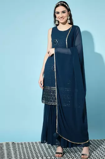 Peacock Blue Embroidered Georgette  Kurta pant and Sharara Set