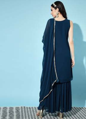 Peacock Blue Embroidered Georgette  Kurta pant and Sharara Set 3