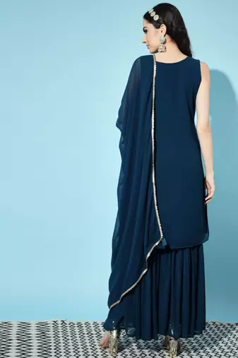 Peacock Blue Embroidered Georgette  Kurta pant and Sharara Set