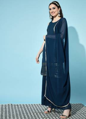 Peacock Blue Embroidered Georgette  Kurta pant and Sharara Set 4