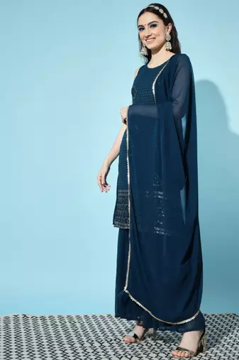 Peacock Blue Embroidered Georgette  Kurta pant and Sharara Set