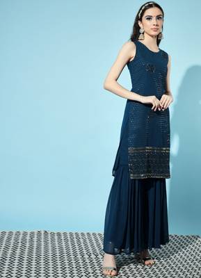Peacock Blue Embroidered Georgette  Kurta pant and Sharara Set 5