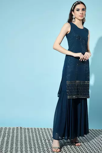 Peacock Blue Embroidered Georgette  Kurta pant and Sharara Set