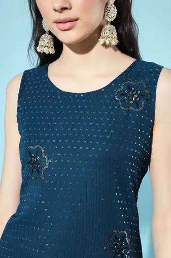Peacock Blue Embroidered Georgette  Kurta pant and Sharara Set
