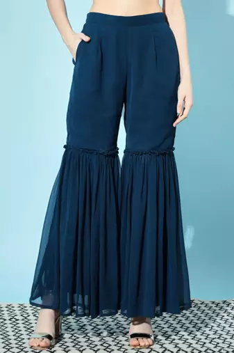 Peacock Blue Embroidered Georgette  Kurta pant and Sharara Set