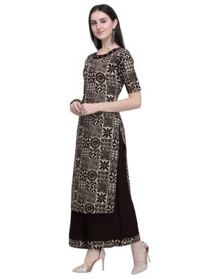 Coffee Printed Cotton Women's Kurta and Palazzo Set 3