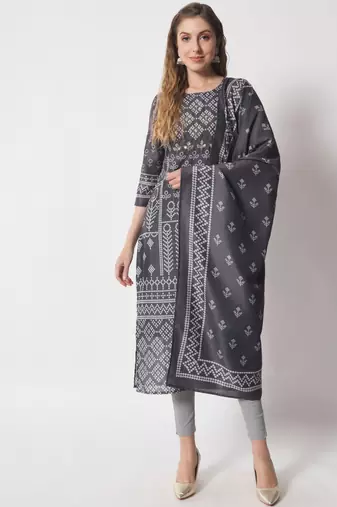 Stone Grey Bandhani Silk Blend Women's Kurta, Pyjama & Dupatta Set