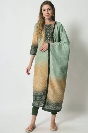 Mustard Green Bandhani Silk Blend Women's Kurta, Pyjama & Dupatta Set