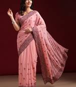 Kasee Women'S Pink Floral Embroidered Poly Georgette Saree With Unstitched Blouse Piece