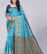 Mukhita women's firozi woven Faux kanjivaram silk blend saree with blouse piece