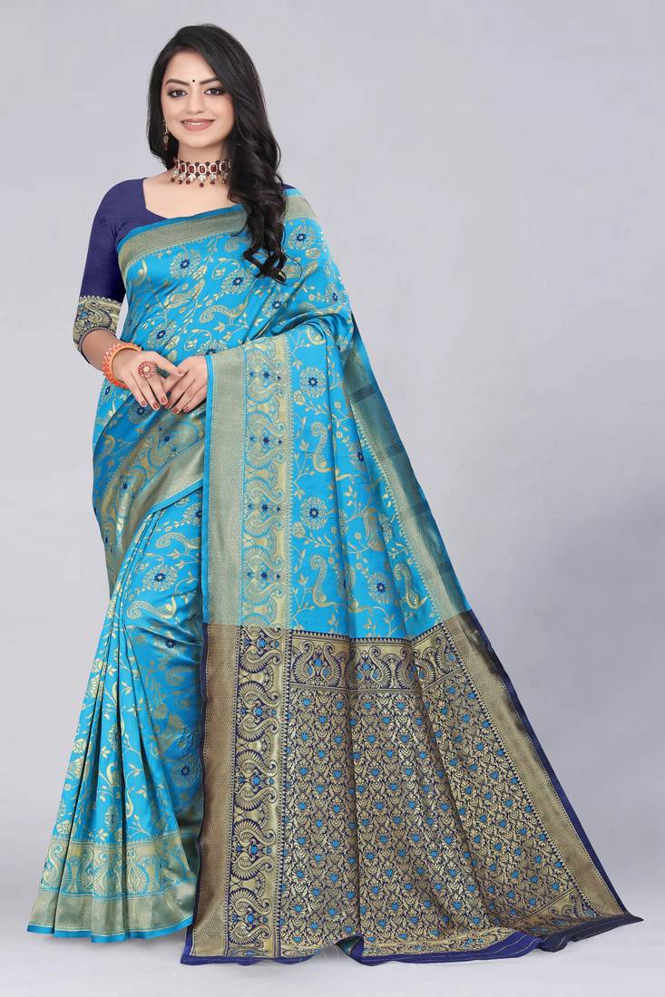 Mukhita women's firozi woven Faux kanjivaram silk blend saree with blouse piece