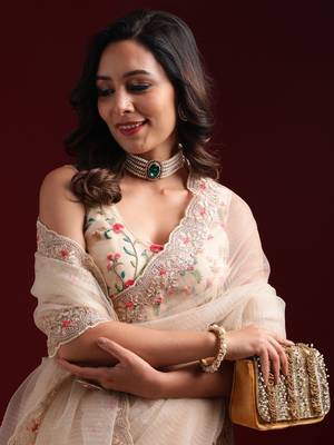 Kasee Women'S Beige Colour Floral Embroidered Net Saree With Unstitched Blouse Piece 1