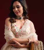 Kasee Women'S Beige Colour Floral Embroidered Net Saree With Unstitched Blouse Piece