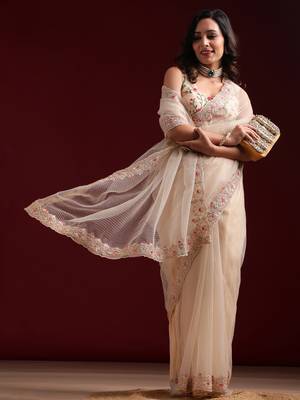 Kasee Women'S Beige Colour Floral Embroidered Net Saree With Unstitched Blouse Piece 2