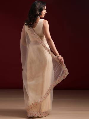 Kasee Women'S Beige Colour Floral Embroidered Net Saree With Unstitched Blouse Piece 3