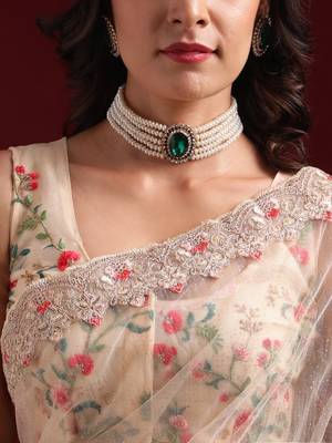 Kasee Women'S Beige Colour Floral Embroidered Net Saree With Unstitched Blouse Piece 4