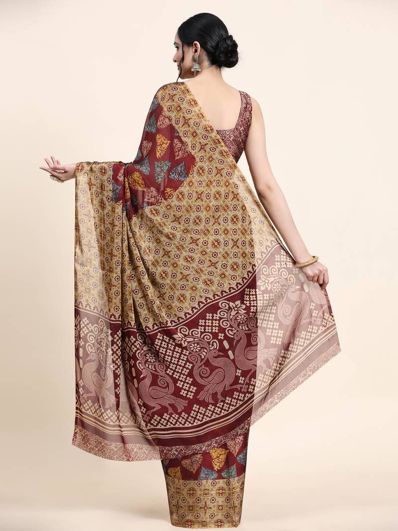 Meghna-Maroon Printed  Chiffon Art Sik Saree
