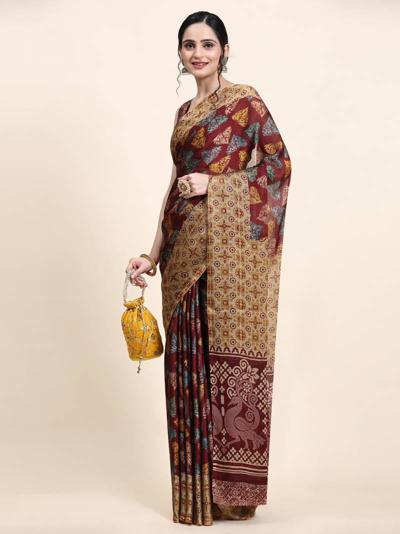 Meghna-Maroon Printed  Chiffon Art Sik Saree