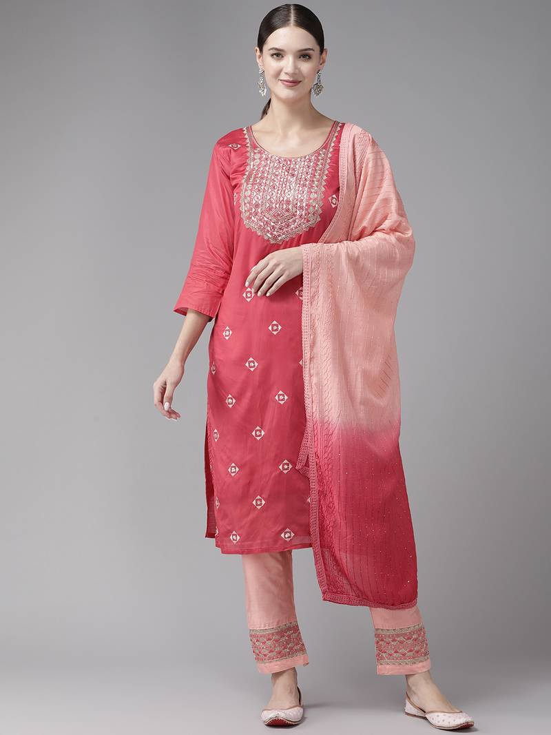 Aarika womens gajri-peach colour cotton blend embroidery kurti & pant set