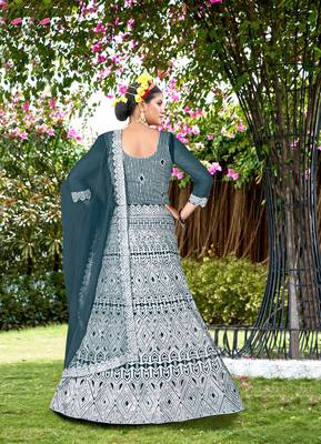 Net Teal Color Embroidered Lehanga Choli Set 2