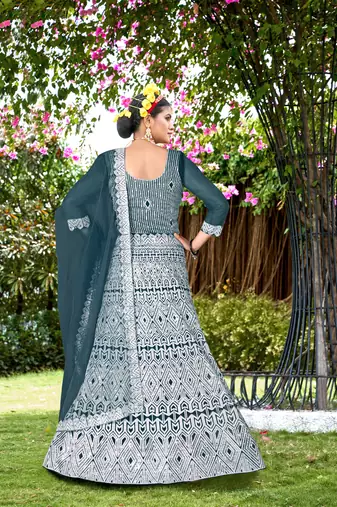 Net Teal Color Embroidered Lehanga Choli Set