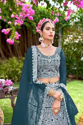 Net Teal Color Embroidered Lehanga Choli Set 3