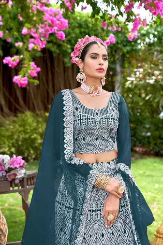 Net Teal Color Embroidered Lehanga Choli Set