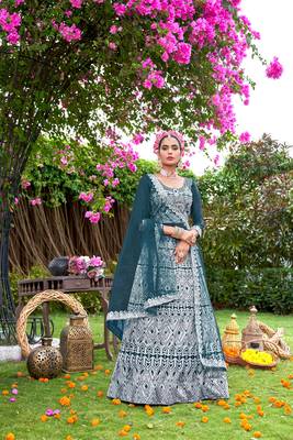 Net Teal Color Embroidered Lehanga Choli Set 1