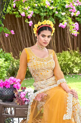 Net Yellow Color Embroidered Lehanga Choli Set