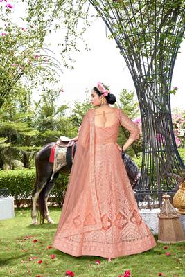 Net Peach Color Embroidered Lehanga Choli Set 3