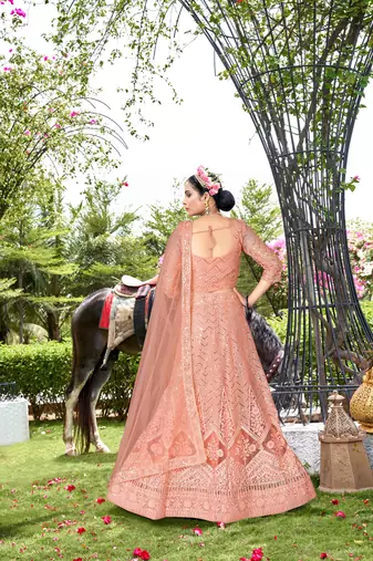 Net Peach Color Embroidered Lehanga Choli Set