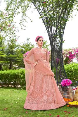 Net Peach Color Embroidered Lehanga Choli Set 1