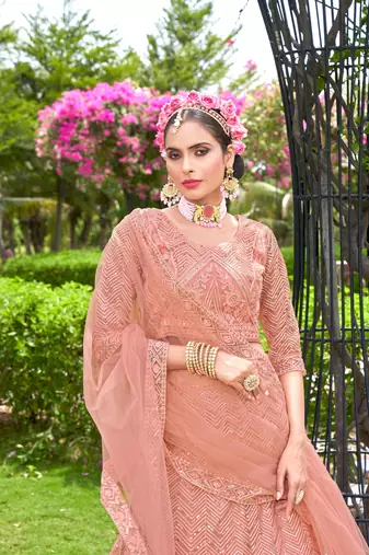 Net Peach Color Embroidered Lehanga Choli Set