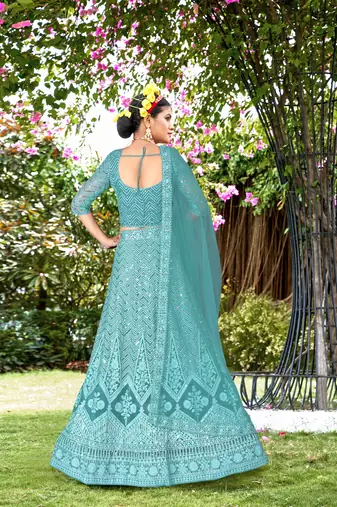 Net SkyBlue Color Embroidered Lehanga Choli Set