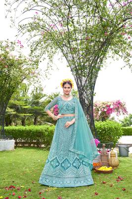 Net SkyBlue Color Embroidered Lehanga Choli Set 1