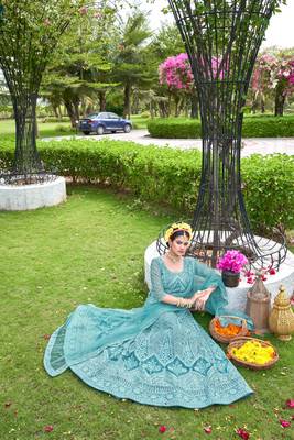 Net SkyBlue Color Embroidered Lehanga Choli Set 4