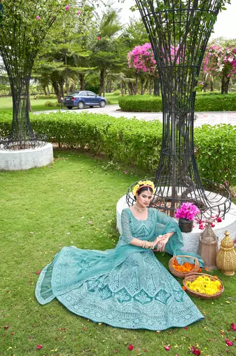 Net SkyBlue Color Embroidered Lehanga Choli Set