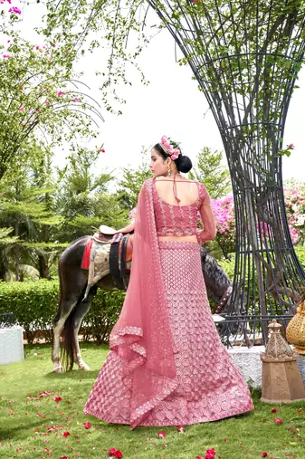 Net Pink Color Embroidered Lehanga Choli Set