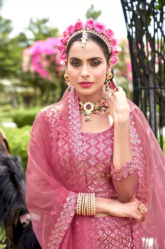 Net Pink Color Embroidered Lehanga Choli Set