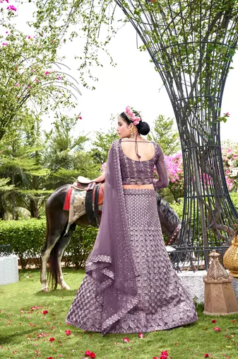 Net Purple Color Embroidered Lehanga Choli Set