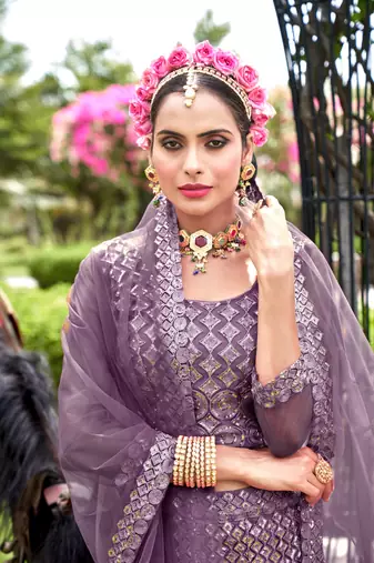 Net Purple Color Embroidered Lehanga Choli Set