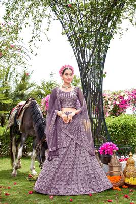 Net Purple Color Embroidered Lehanga Choli Set 1
