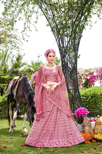 Net Pink Color Embroidered Lehanga Choli Set