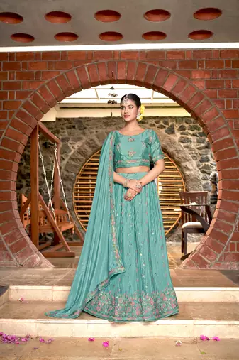 Chinon Crushed SkyBlue Color  Sequence &Embroidery Work Lehanga Choli Set