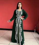 Green Zari Stone Work Georgette Islamic Style Beads Embedded Partywear Kaftan Long Gown Evening wear Dubai kaftan