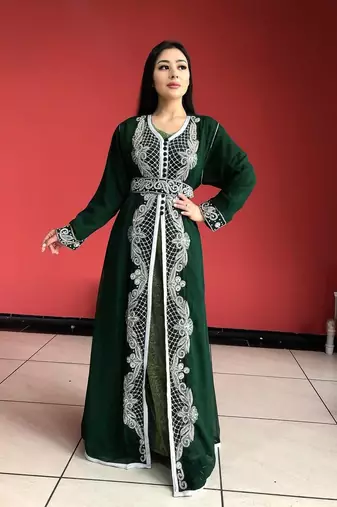 Green Zari Stone Work Georgette Islamic Style Beads Embedded Partywear Kaftan Long Gown Evening wear Dubai kaftan